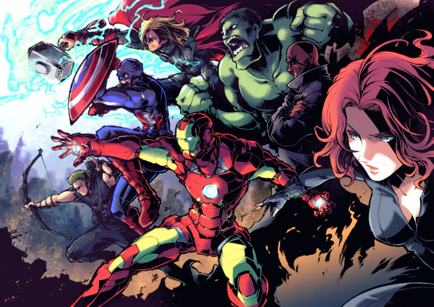 avengers bald black_widow blonde_hair bow_(weapon) breasts cape captain_america cleavage clenched_hands crossed_arms dark_skin dark_skinned_male eyepatch fingerless_gloves gloves green_skin grin hawkeye_(marvel) highres hulk iron_man ishiyumi lightning marvel mjolnir nick_fury power_armor quiver red_hair shield smile thick_outlines thor_(marvel) weapon