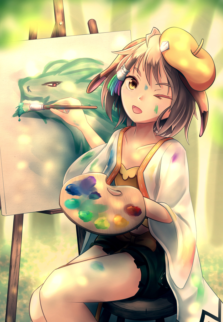 1girl absurdres animal_ears artist_painter beret black_shorts brown_hair bunny_ears canvas_(object) collarbone commentary dragalia_lost drawing english_commentary fleur hair_tubes hat highres midgardsormr_(dragalia_lost) one_eye_closed open_mouth paint paintbrush painting_(object) palette ryo-suzuki shirt short_hair shorts sitting smile smock solo stool thighs tree yellow_eyes yellow_headwear yellow_shirt