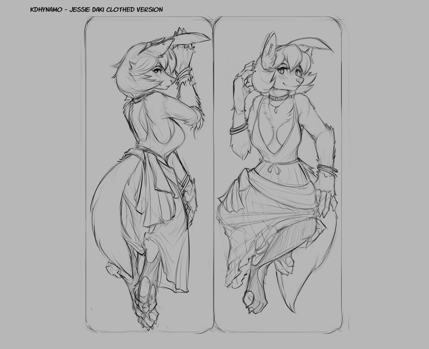 2019 anthro blush breasts canid canine canis changeling_tale clothed clothing collar dakimakura_design female grey_background hair jessie_(changeling_tale) looking_at_viewer mammal monochrome pawpads simple_background smile snout solo torn_clothing watsup wolf