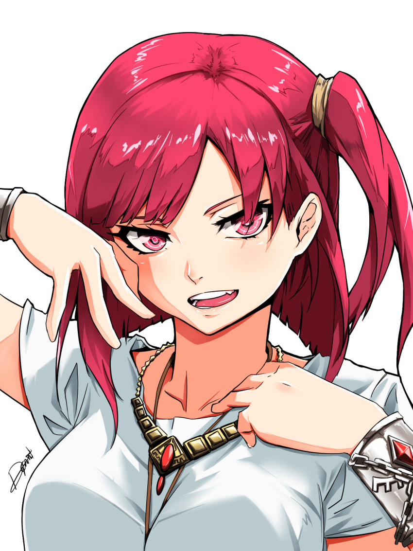 1girl 9bank_thedg arm_up bangs blunt_bangs blunt_ends bracelet breasts chains collarbone eyelashes fang hand_on_own_cheek hand_on_own_chest highres jewelry looking_at_viewer magi_the_labyrinth_of_magic medium_breasts morgiana necklace open_mouth red_eyes red_hair round_teeth shiny shiny_hair short_hair short_sleeves side_ponytail signature smile smug teeth tongue upper_body