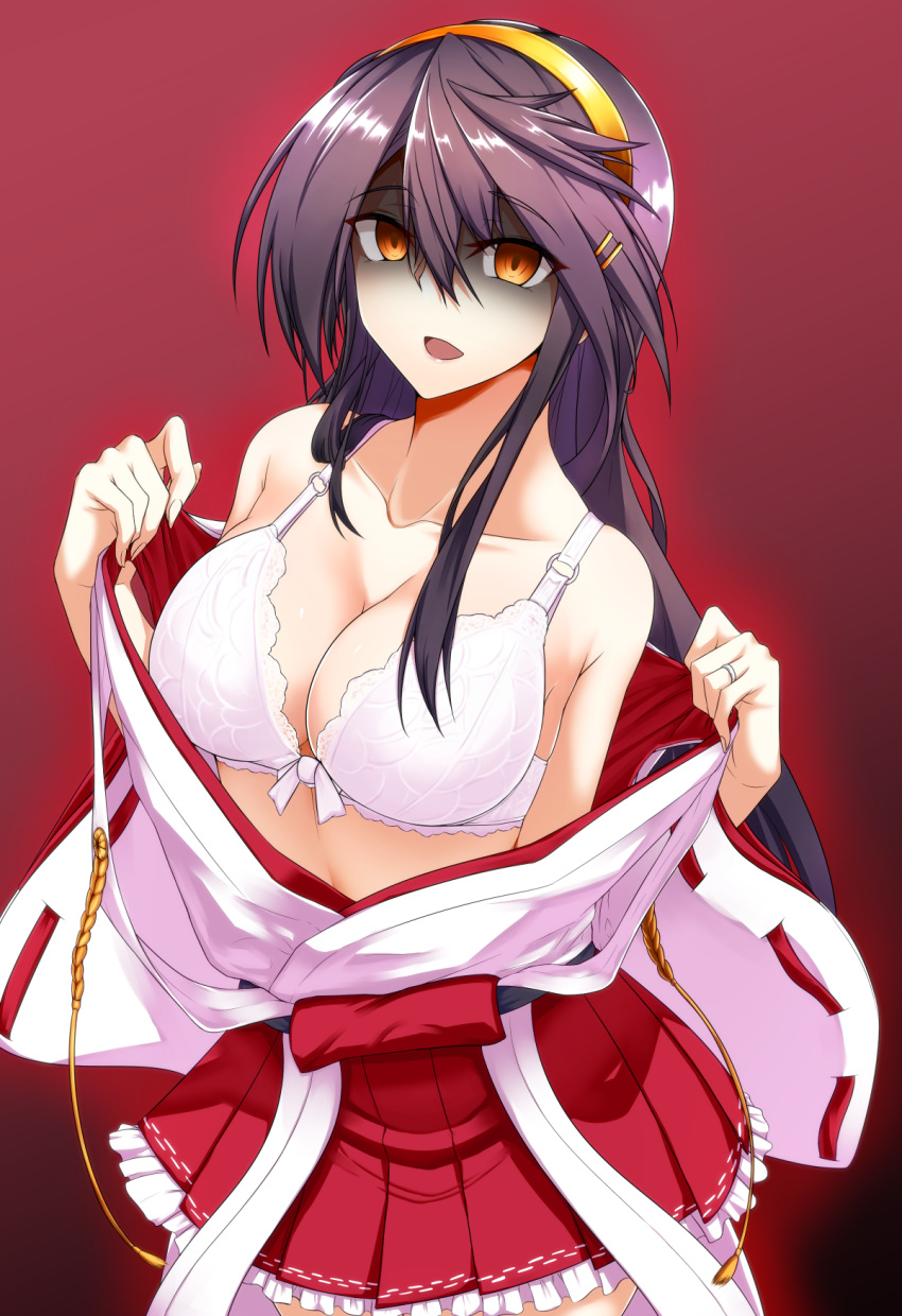 1girl bangs black_hair blush bra breasts brown_eyes carmine_(ucdio) cleavage collarbone frilled_skirt frills gold_hairband gradient gradient_background graphite_(medium) haruna_(kantai_collection) highres jewelry kantai_collection large_breasts long_hair looking_at_viewer mechanical_pencil nontraditional_miko off_shoulder open_clothes open_mouth pencil pink_background red_skirt ribbon-trimmed_sleeves ribbon_trim ring sidelocks skirt solo swept_bangs traditional_media underwear upper_body wedding_band white_bra wide_sleeves