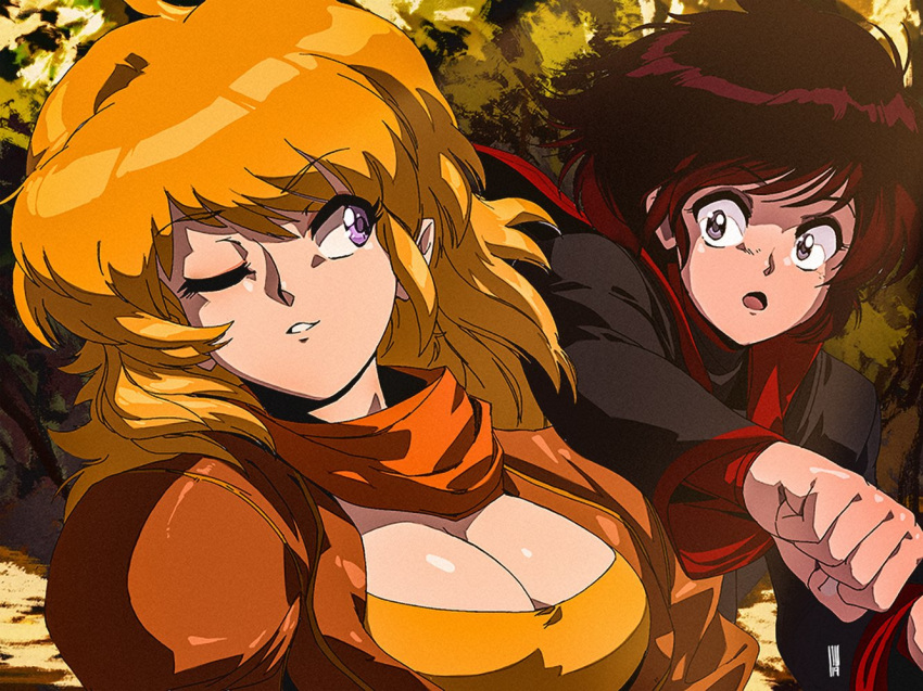 2girls 80s bangs blonde_hair breasts cleavage clenched_hand commentary david_liu dodging english_commentary eyebrows_visible_through_hair jacket large_breasts leather leather_jacket long_hair multiple_girls oldschool one_eye_closed punching purple_eyes red_hair ruby_rose rwby scarf siblings sidelocks silver_eyes sisters yang_xiao_long