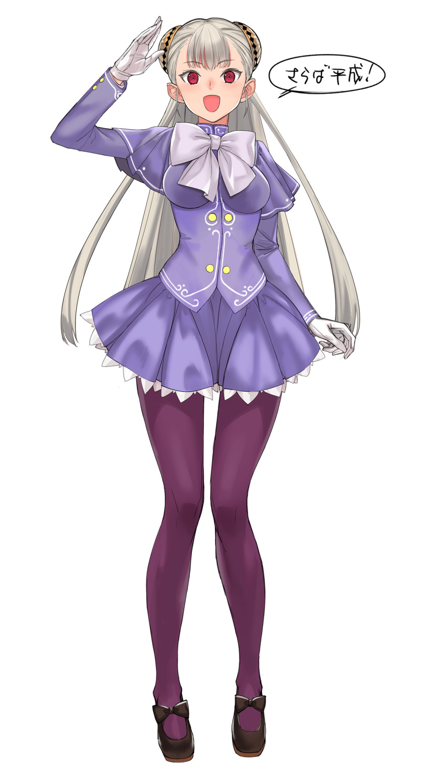 1girl albino breasts capcom_fighting_jam commentary_request dress gloves hairpods highres ingrid legs long_hair mary_janes pantyhose purple_dress purple_legwear red_eyes ribbon shoes skirt solo tetsu_(kimuchi) translation_request white_background white_gloves white_hair white_ribbon
