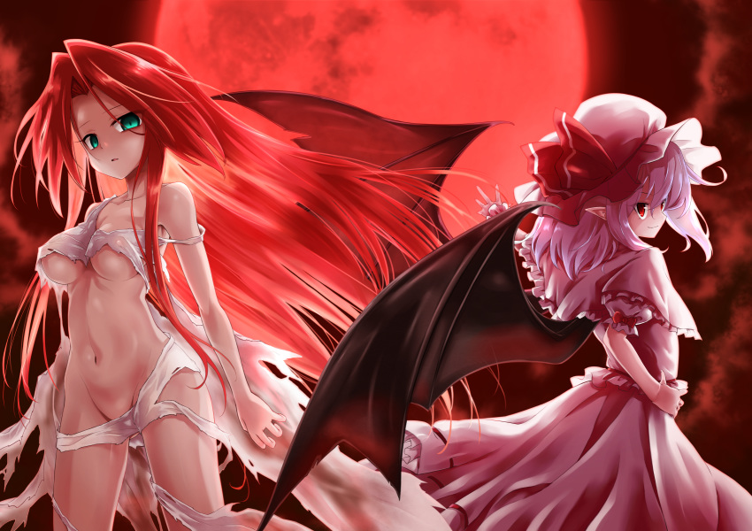 2girls aqua_eyes bare_shoulders bat_wings breasts commentary_request dress flat_chest groin hair_intakes hand_on_hip hat highres hong_meiling long_hair looking_at_viewer medium_breasts medium_hair mob_cap moon multiple_girls navel no_hat no_headwear open_mouth outstretched_arm pink_dress pointy_ears purple_hair red_eyes red_hair red_moon remilia_scarlet slit_pupils smirk standing torn_clothes touhou ugatsu_matsuki very_long_hair wings