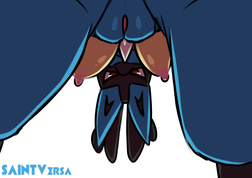 absurd_res breasts dripping female hanging_breasts hi_res looking_at_viewer lucario nintendo pok&eacute;mon pok&eacute;mon_(species) pussy pussy_juice saintversa simple_background solo standing video_games white_background