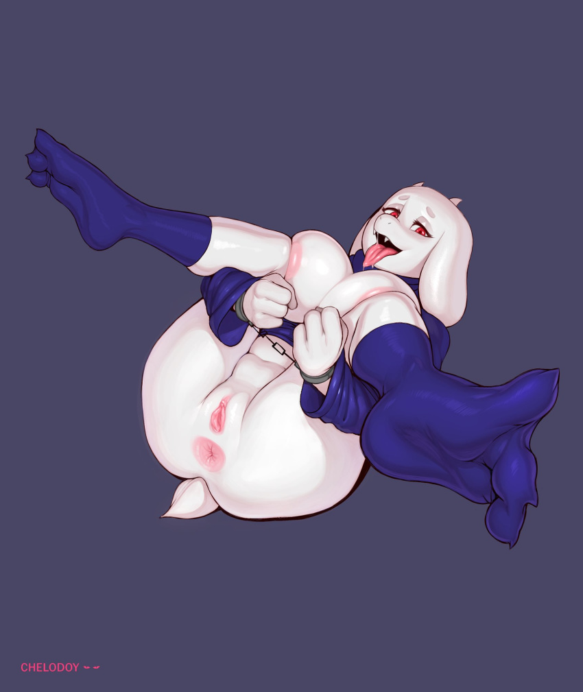 anus big_breasts bovid breasts caprine chain chelodoy female fur goat hi_res legs_up mammal pussy shackles tongue tongue_out toriel undertale video_games white_fur