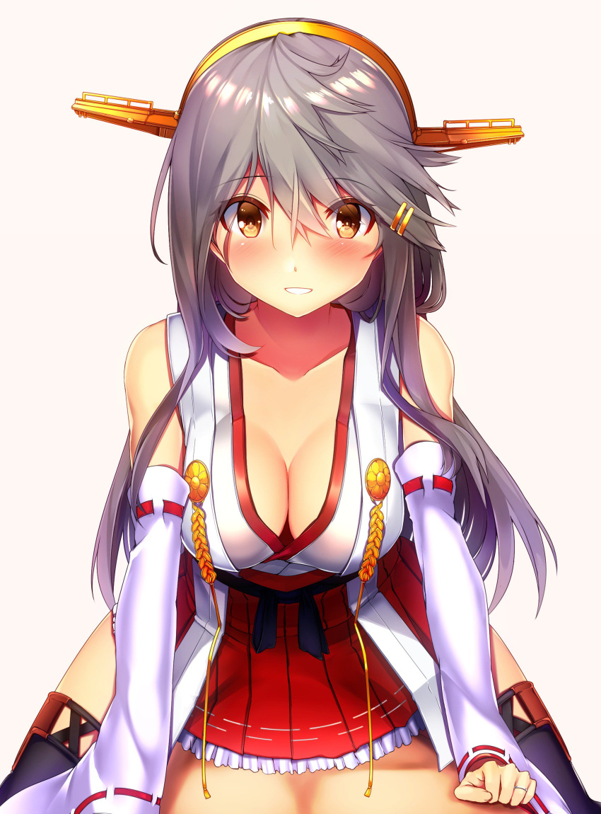 1boy 1girl absurdres bangs bare_shoulders beige_background black_hair blush boots breasts brown_eyes cowgirl_position detached_sleeves eyebrows_visible_through_hair hair_ornament hairband hairclip haruna_(kantai_collection) headgear highres japanese_clothes kantai_collection large_breasts long_hair looking_at_viewer muscle nontraditional_miko parted_lips petticoat pleated_skirt pov red_skirt remodel_(kantai_collection) sidelocks simple_background skirt smile straddling thigh_boots thighhighs tsukui_kachou