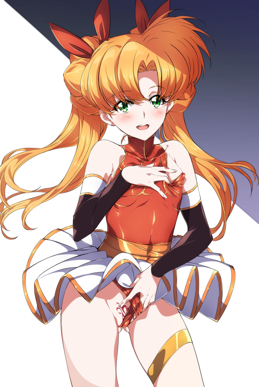 1girl absurdres bangs bare_shoulders blush bow breasts covered_navel detached_sleeves double_bun frontal_wedgie green_eyes groin hair_bow highres langrisser langrisser_iii leotard leotard_pull long_hair looking_at_viewer niko_(tama) open_mouth orange_hair pubic_tattoo pulled_by_self red_leotard ribbon small_breasts smile solo tattoo teeth tiaris_(langrisser) turtleneck twintails undressing wedgie