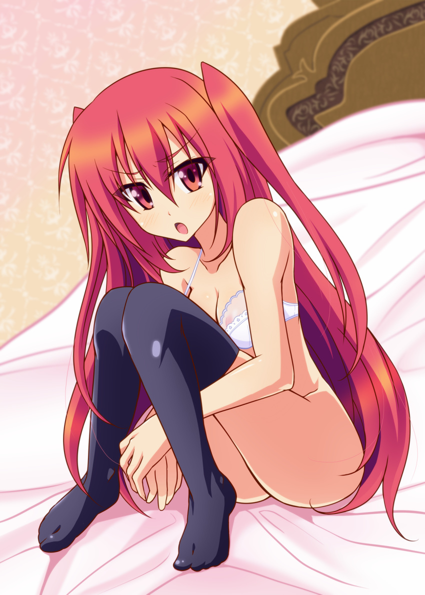 1girl :o bed black_legwear bottomless bra breasts claire_rouge cleavage collarbone dutch_angle eyebrows_visible_through_hair full_body hair_between_eyes highres justy leg_hug long_hair looking_at_viewer medium_breasts on_bed red_eyes red_hair seirei_tsukai_no_blade_dance shiny shiny_hair shiny_skin sitting solo thighhighs twintails underwear underwear_only very_long_hair white_bra