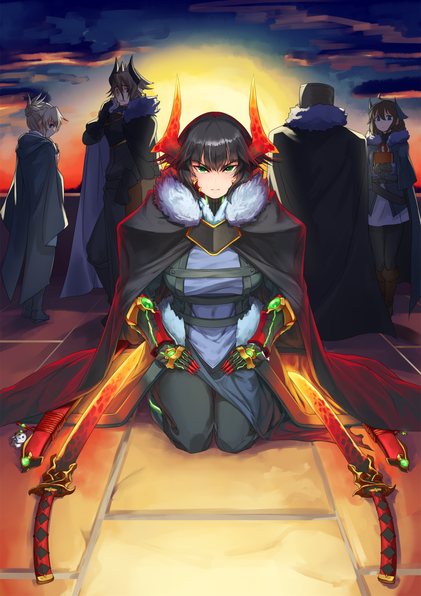 2boys 3girls black_gloves black_hair blue_eyes book brown_hair cape eating erio_toujo fur_trim gloves green_eyes grey_hair helmet highres holding holding_book hood hood_down horns katana kneeling looking_at_viewer multiple_boys multiple_girls pixiv_fantasia pixiv_fantasia_last_saga red_pupils robe sasebono_mari serious sidelocks sunset sword weapon