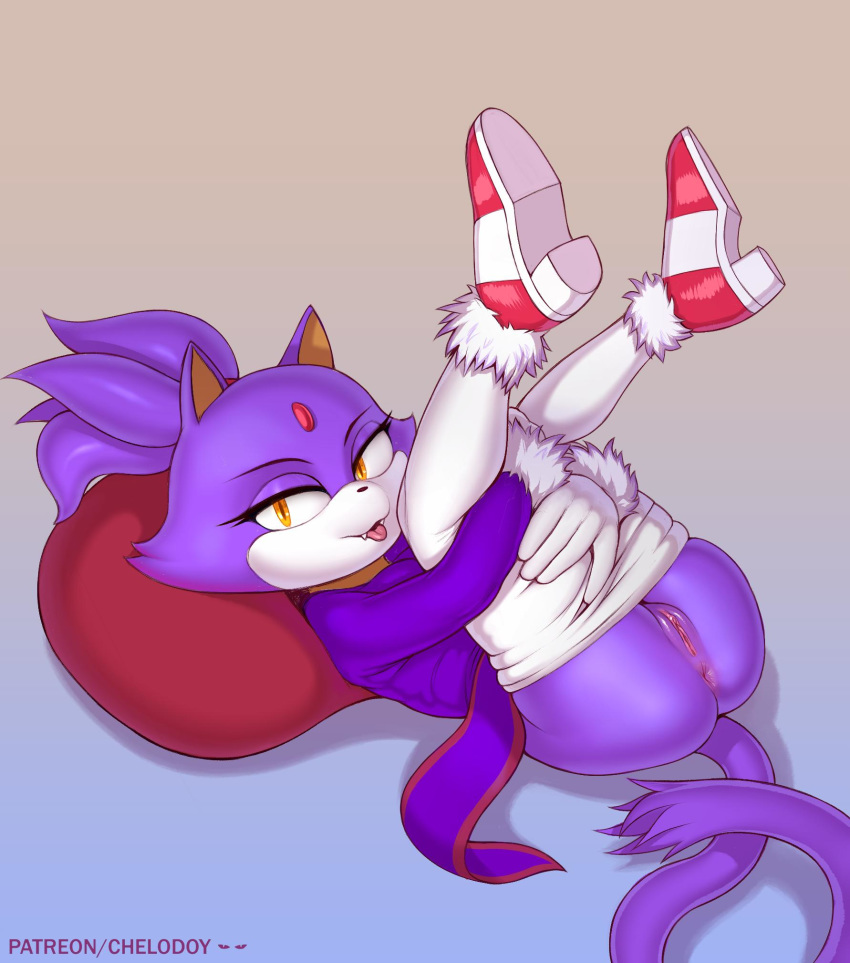 anthro anus blaze_the_cat bottomless butt chelodoy clothed clothing felid feline female fur hi_res legs_up looking_at_viewer lying mammal on_back pillow presenting presenting_hindquarters purple_fur pussy solo sonic_(series) tongue