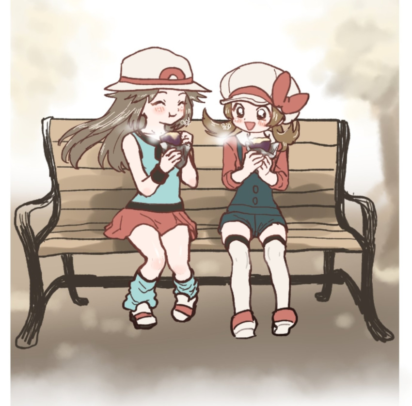 2girls ^_^ bench blue_(pokemon) blue_legwear blush brown_hair closed_eyes creatures_(company) day eyes_closed flat_chest full_body game_freak happy hat highres kotone_(pokemon) long_hair minapo miniskirt multiple_girls nintendo outdoors pokemon pokemon_(game) pokemon_frlg pokemon_hgss red_skirt shirt shoes sitting skirt sleeveless sleeveless_shirt steam twintails white_headwear