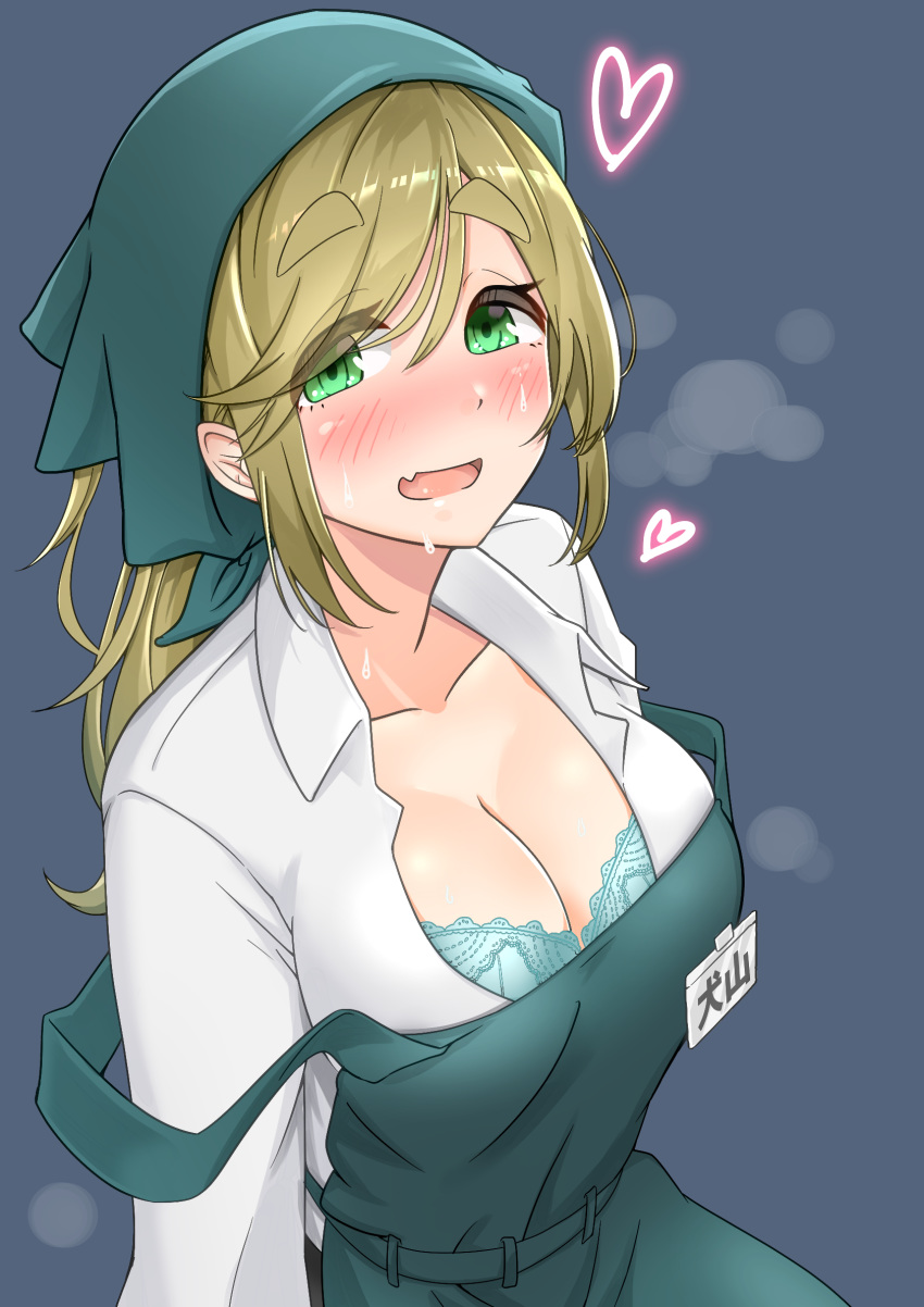 1girl blue_bra blush bra bra_peek breasts brown_hair cleavage collared_shirt employee_uniform eyebrows eyebrows_visible_through_hair fang green_eyes half-closed_eyes headdress heart highres inuyama_aoi large_breasts looking_at_viewer name_tag naughty_face open_mouth shirt side_ponytail smile solo steam suspenders sweat thick_eyebrows unbuttoned underwear uniform yurucamp