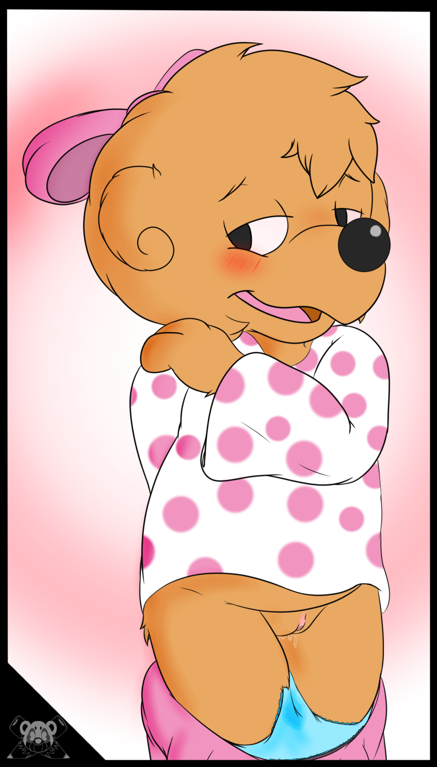 absurd_res berenstain_bears blush brown_fur clothing cub doodleburr female fur hi_res mammal pussy pussy_juice sister_bear solo underwear ursid young