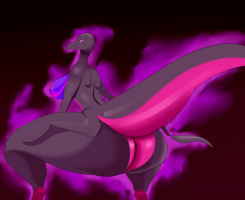anthro aura big_butt black_background black_scales butt crouching female gradient_background half-closed_eyes huge_butt looking_at_viewer looking_back mature_female nintendo nude pink_scales pok&eacute;mon pok&eacute;mon_(species) pokebii purple_scales rear_view salazzle scales simple_background smile thick_thighs video_games wide_hips