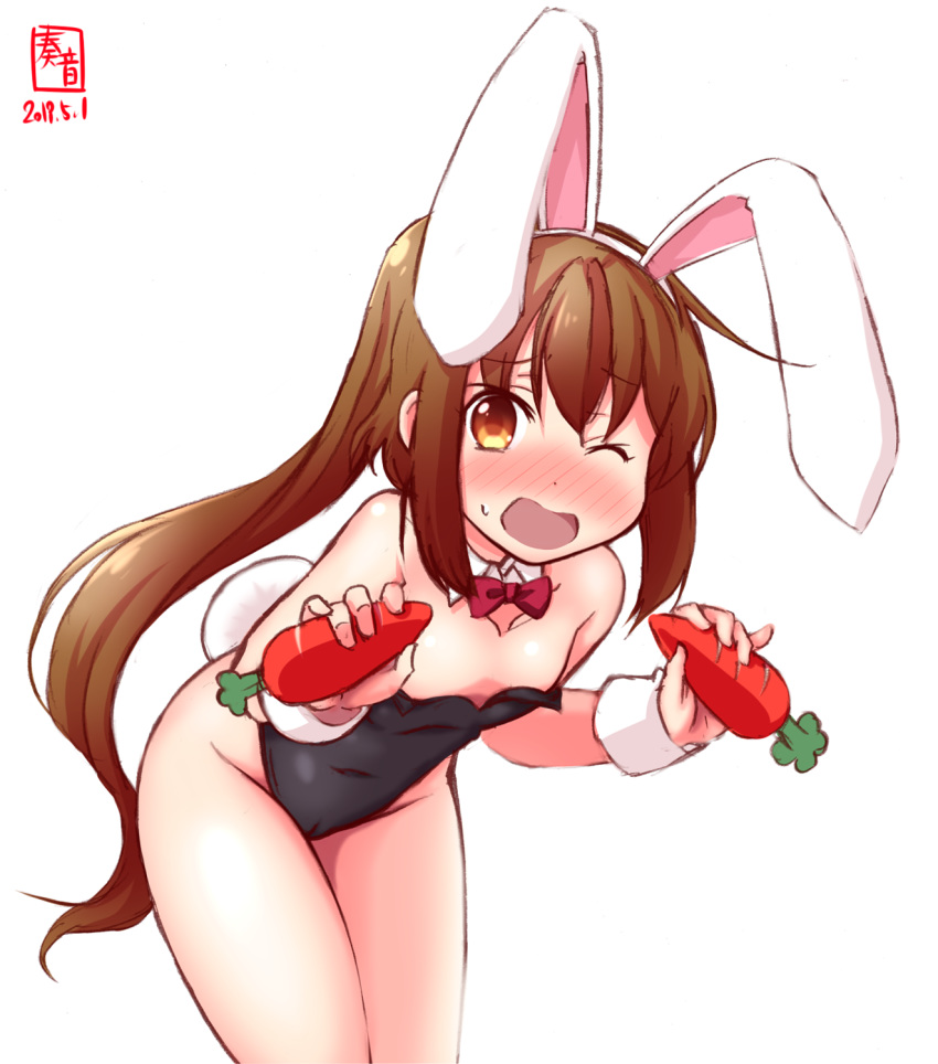 1girl alternate_costume animal_ears artist_logo black_leotard blush bow bowtie brown_eyes brown_hair bunny_ears bunny_tail bunnysuit cameltoe carrot collarbone commentary_request dated detached_collar downblouse flat_chest fumizuki_(kantai_collection) highres kanon_(kurogane_knights) kantai_collection leaning_forward leotard long_hair looking_at_viewer one_eye_closed open_mouth ponytail red_neckwear simple_background solo strapless strapless_leotard tail white_background wrist_cuffs