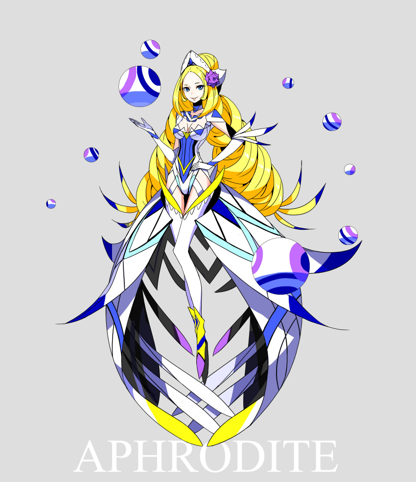1girl absurdres aphrodite blonde_hair blue_eyes breasts character_name floating full_body greek_mythology grey_background hand_on_hip highres large_breasts long_hair looking_at_viewer original palow skin_tight smile solo sphere waist_cape