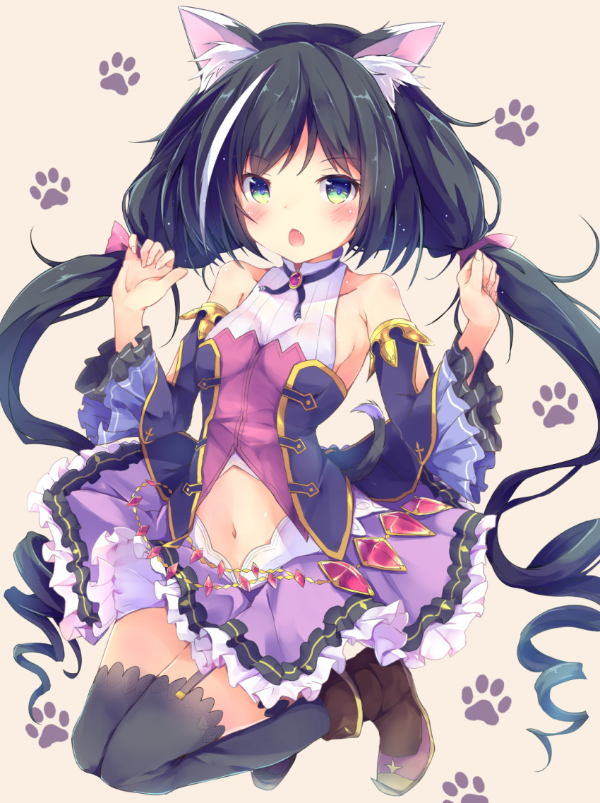 1girl animal_ear_fluff animal_ears bare_shoulders black_hair black_legwear blue_sleeves blush boots breasts brown_background brown_footwear cat_ears cat_girl cat_tail chestnut_mouth commentary_request detached_sleeves fang fingernails frilled_skirt frills full_body garter_straps green_eyes hands_up highres hinata_yuu_(atelierhinata) kyaru_(princess_connect) long_hair long_sleeves looking_at_viewer medium_breasts multicolored_hair navel open_mouth paw_background princess_connect! princess_connect!_re:dive purple_skirt ringlets shirt skirt sleeveless sleeveless_shirt solo streaked_hair tail thighhighs thighhighs_under_boots twintails very_long_hair white_hair white_shirt wide_sleeves