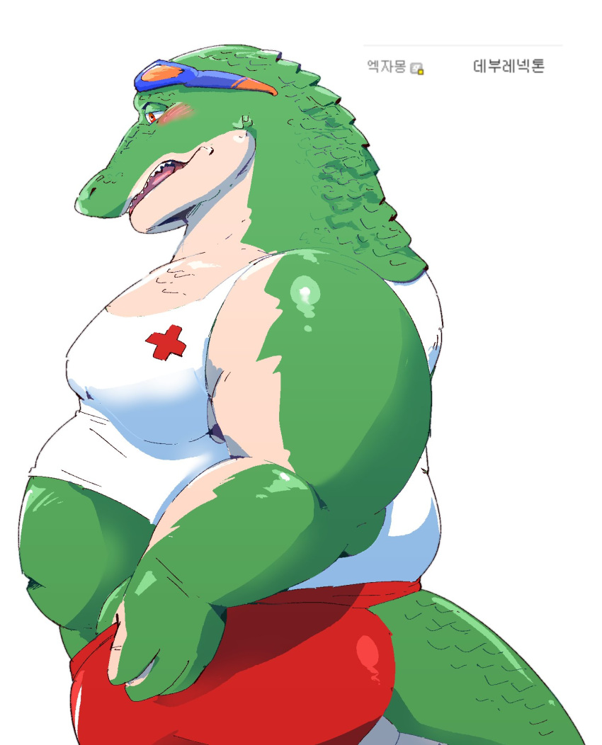 anthro belly blush bottomwear butt clothing crocodile crocodilian crocodylid green_scales hi_res humanoid_hands jumperbear league_of_legends male navel overweight overweight_male renekton reptile riot_games scales scalie shirt shorts text topwear video_games