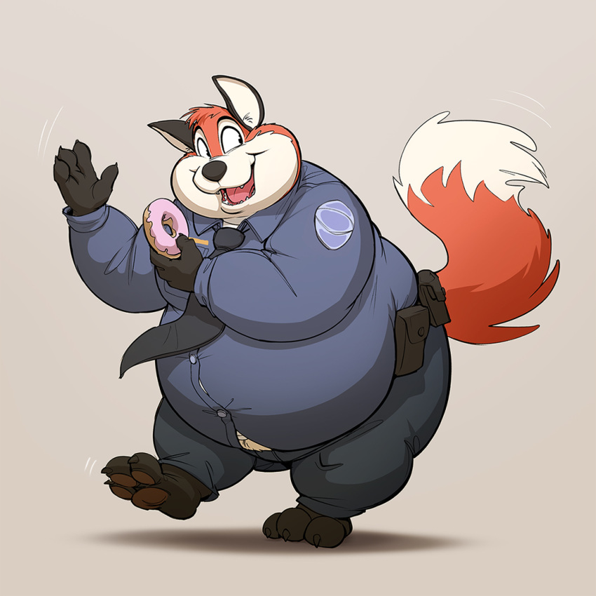 1:1 abthegreat anthro artfulreggie barefoot belly belly_overhang big_belly canid canine chubby_cheeks claws clothed clothing doughnut food fox fur gesture grey_background holding_food holding_object male mammal moobs necktie obese obese_male on_one_leg open_mouth open_smile overweight overweight_male police_officer police_uniform red_fur simple_background smile solo standing straining_buttons toe_claws uniform waving white_fur