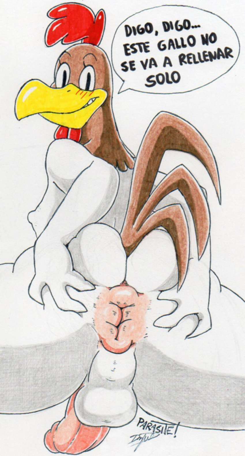 absurd_res anthro anus avian balls bird chicken erection foghorn_leghorn galliform gallus_(genus) hi_res looney_tunes male parasitedeath penis phasianid solo spanish warner_brothers