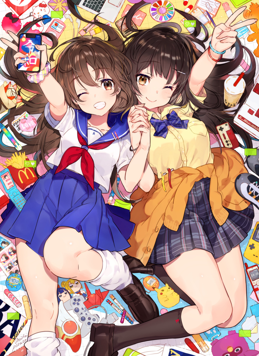 2girls :d black_footwear black_hair blue_skirt bow bowtie breasts brown_hair can capsule card_captor_sakura cellphone checkered checkered_skirt collarbone commentary_request computer crepe digital_media_player doll earbuds earphones eraser eyebrows_visible_through_hair famicom famicom_gamepad flip_phone food french_fries furby game_boy game_console gen_1_pokemon hair_between_eyes hair_ornament hairpin hand_holding handheld_game_console heisei hello_kitty highres jacket knee_up laptop long_hair loose_socks lying makeup mcdonald's medium_breasts mika_pikazo multiple_girls on_back one_eye_closed open_mouth origami original paper_crane pen phone pikachu pill pipimi playstation pleated_skirt poptepipic popuko red_neckwear school_uniform serafuku shirt shoes_removed skirt smartphone smile socks soda_can stopwatch straight_hair sweater tamagotchi thighhighs wand watch white_shirt yellow_eyes yellow_shirt zettai_ryouiki