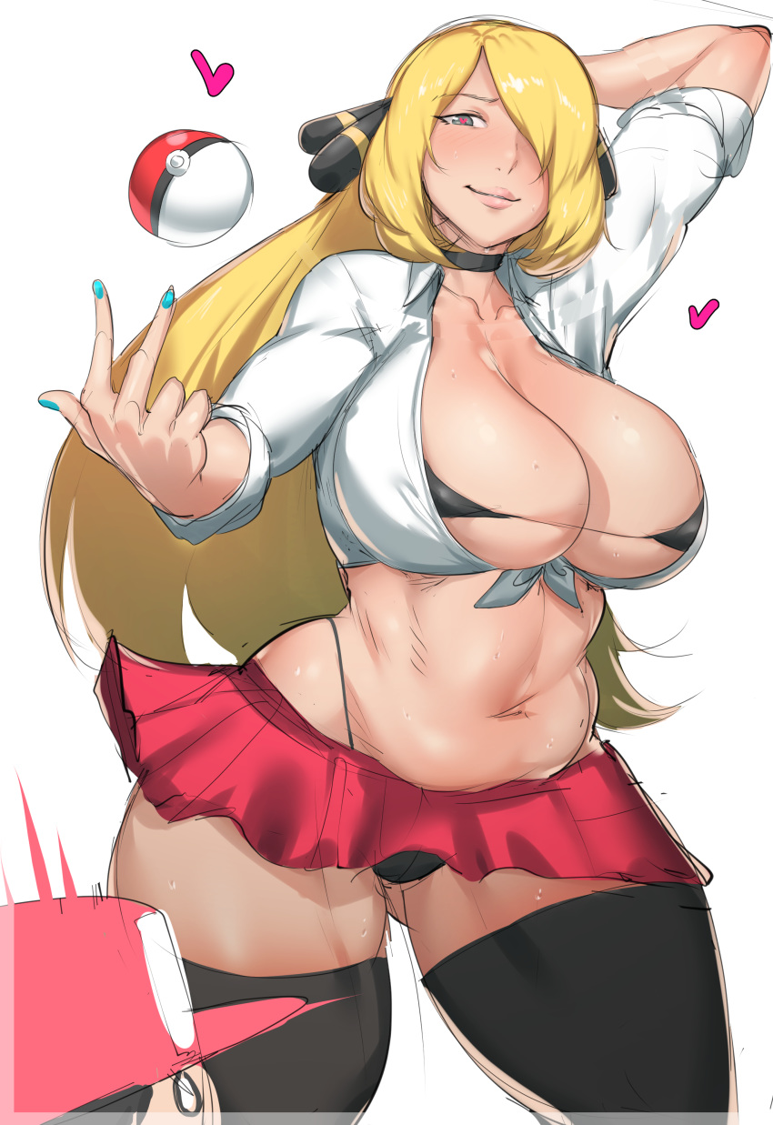 1boy 1girl absurdres arm_behind_back blonde_hair blue_eyes blue_nails blush breasts cleavage collar creatures_(company) curvy female game_freak hair_over_one_eye hairband heart heart-shaped_pupils highres huge_breasts invitation large_breasts long_hair looking_at_viewer male miniskirt nail_polish natedecock nintendo panties poke_ball pokemon satoshi_(pokemon) school_uniform shirona_(pokemon) skirt smile symbol-shaped_pupils thick_thighs thighs underwear wide_hips