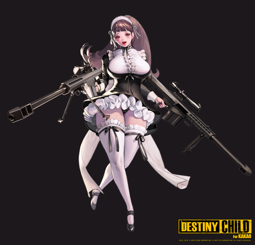 1girl absurdres black_background destiny_child full_body gun highres hildr_(destiny_child) holding holding_gun holding_weapon lips long_hair looking_at_viewer maid maid_headdress nightmadness official_art open_mouth rifle shoes simple_background sniper_rifle solo standing thick_thighs thighhighs thighs weapon white_legwear