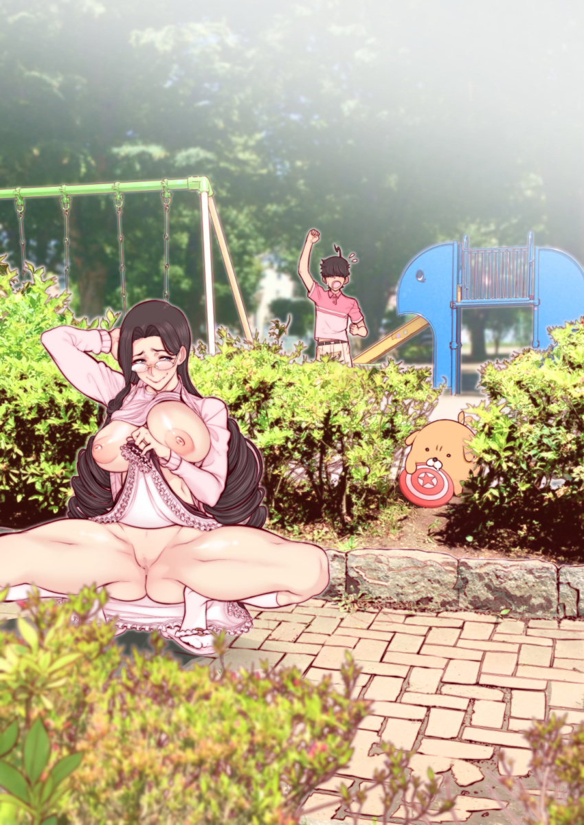 1boy 1girl ahoge areolae ass bangs black_hair blue_eyes blush breasts censored ears erect_nipples female glasses highres jewelry large_breasts long_hair looking_at_viewer male milf minamida_usuke mother mother_and_son nipples original parted_bangs pink_skirt pink_sweater plant public puffy_areolae ring shirt shirt_lift short_hair skirt skirt_lift slide slippers smile socks spread_legs squatting sweater swing swing_set takashi-kun_no_mama_to_kakurenbo_ecchi white_socks