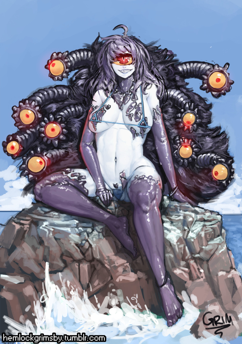 bikini blue_clothing blue_swimwear breasts clothed clothing cyclop female gazer_(mamono_girl_lover) gloves_(marking) hair hemlockgrimsby hi_res humanoid looking_at_viewer markings medium_breasts multi_eye outside pale_skin partially_clothed purple_hair red_eyes rock sea sitting skimpy socks_(marking) string_bikini swimwear translucent translucent_clothing water yellow_sclera