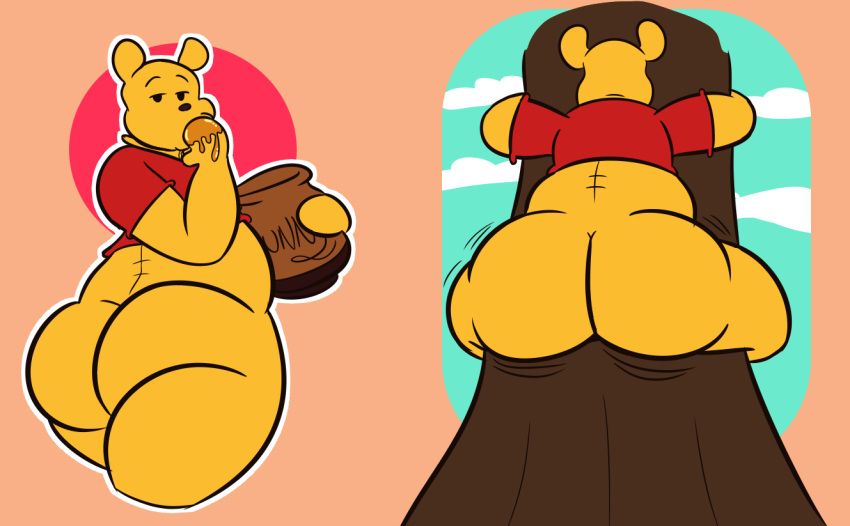 2019 animate_inanimate anthro bottomless butt clothed clothing digital_media_(artwork) disney honey living_plushie male mammal plushie pooh_bear shirt simple_background topwear tree ursid winnie_the_pooh_(franchise) zackdadawg