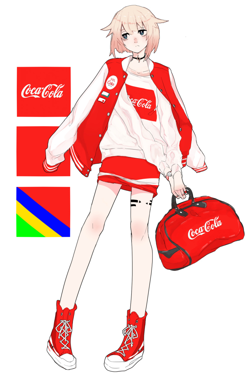 1girl ari_(arikoro88) bag bangs blonde_hair cevio coca-cola collar expressionless full_body highres holding holding_bag jacket_on_shoulders long_sleeves one_(cevio) print_shirt red_bag red_footwear shirt shoes short_hair solo square standing watch white_background white_shirt wristwatch