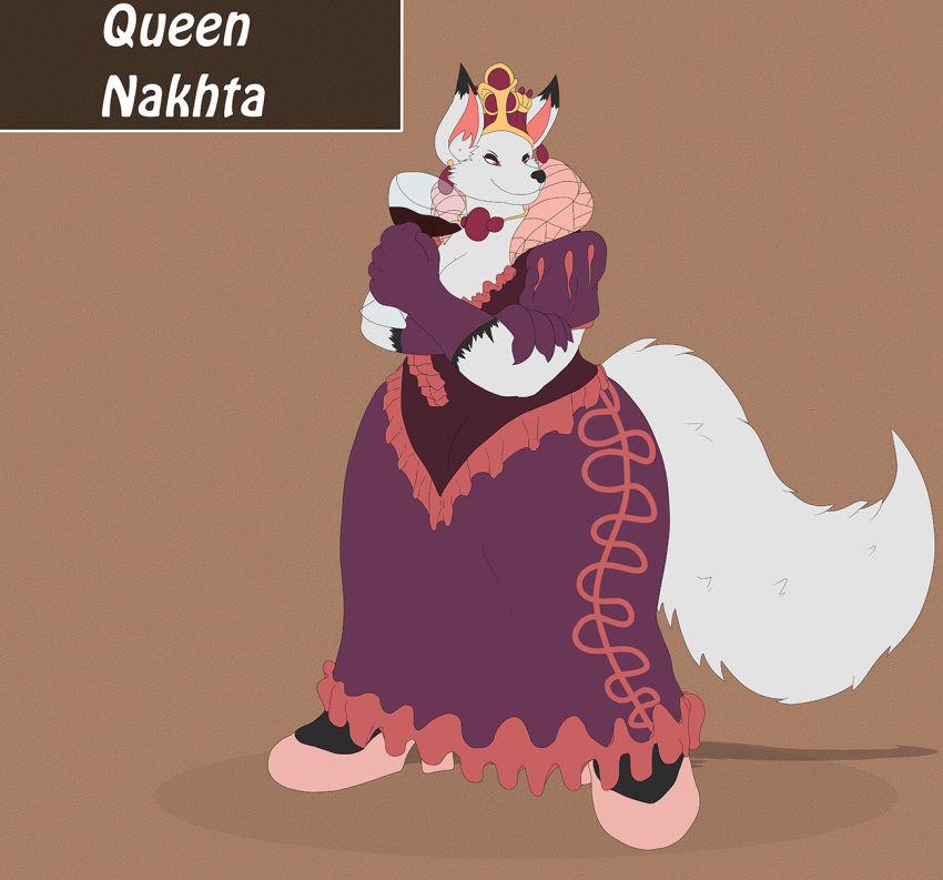 alcohol anthro beverage big_breasts breasts canid canine cleavage clothed clothing crown dress ear_piercing ear_ring elizabethan_collar female fox fully_clothed fur gloves hi_res jewelry mammal nakhta necklace piercing queen red_eyes royalty smile smirk solo the_pirate's_fate voluptuous white_fur wide_hips wine wine_glass zerogiratina