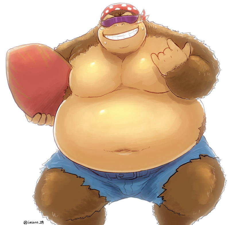 2018 anthro ape bandanna belly big_belly bottomwear clothing cutoffs denim_shorts donkey_kong_(series) eyewear funky_kong gorilla grin hi_res iwano male mammal navel nintendo overweight overweight_male pecs primate shorts smile solo sunglasses surfboard sweat video_games