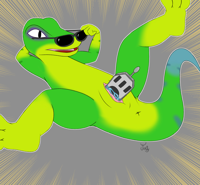 absurd_res anthro anus belly crossgender cuntboy exposed_genitals eyewear gecko gex_(series) gex_the_gecko hi_res intersex invalid_tag justybusty laid_back lizard nude open_mouth penetration pussy reptile scalie signature simple_background solo spread_legs spreading sunglasses vaginal video_games