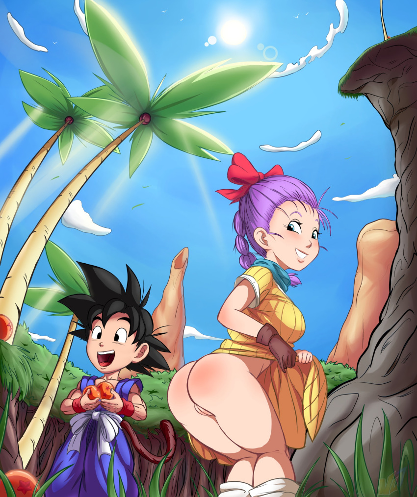 1boy 1girl armband asking_for_it ass black_eyes black_hair blue_eyes blue_sky blush bottomless boy bulma bulma_briefs butt clifftop cloud coconut dragon_ball dragon_ball_(classic) dragon_ball_(object) exposed exposed_ass exposed_butt eyebrows eyelashes female flashing girl glove grass hair hair_ribbon holding holding_object male male/female mountain neckerchief nl7 oblivious outdoors palm_tree ponytail purple_hair pussy sexy skirt skirt_lift sky smile son_gokuu spiky_hair sun sunlight tail teasing teeth tied tongue tree vagina