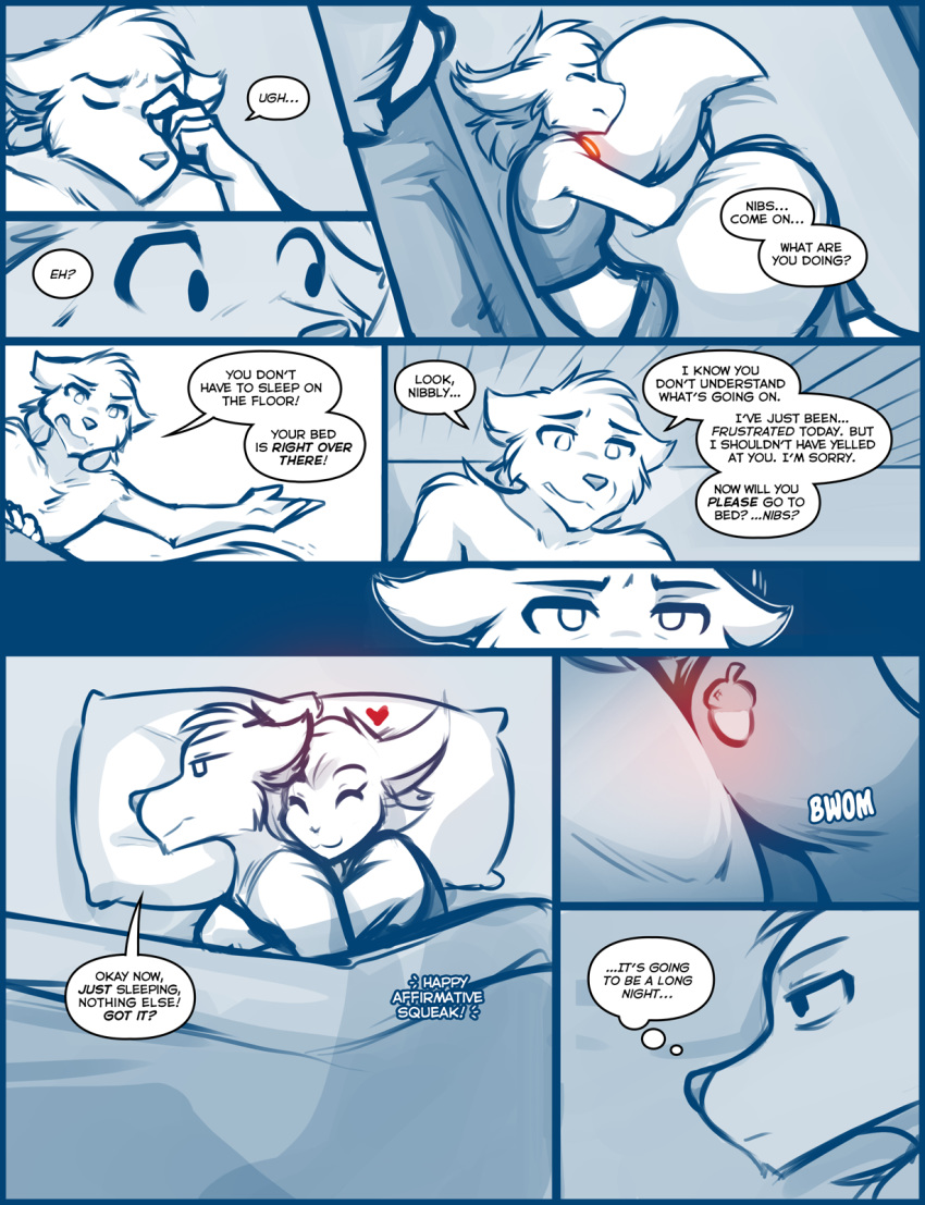 &lt;3 2019 anthro anthrofied bed breasts canid canine canis chest_tuft clothed clothing collar collar_of_keidranification collar_tag comic crying cuddling dialogue duo english_text eyes_closed female fluffy fluffy_tail happy hi_res keidran lying male mammal midriff monochrome mrs._nibbly on_bed on_side rodent sad sciurid simple_background sketch smile sound_effects spooning sythe_(twokinds) tail_hug tears text tom_fischbach topless tree_squirrel tuft twokinds under_covers webcomic white_background wolf