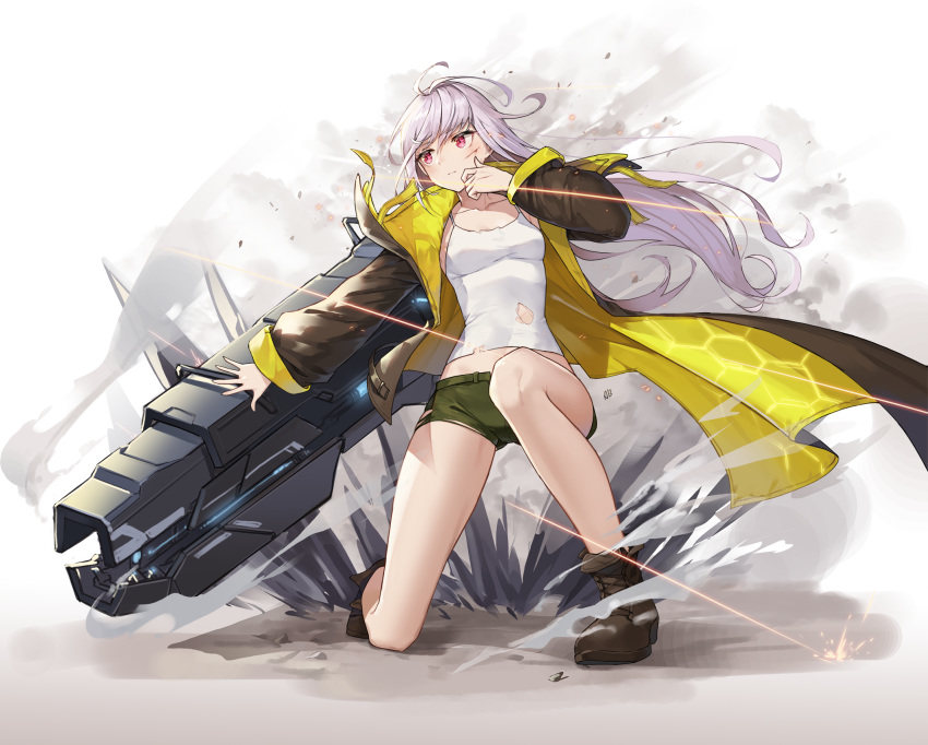 1girl aliceblue antenna_hair bare_legs black_coat boots breasts brown_footwear camisole cannon coat collarbone floating_hair full_body green_shorts highres last_origin long_coat long_hair long_sleeves looking_away medium_breasts midriff no_socks one_knee open_clothes open_coat red_eyes revision science_fiction shirt short_shorts shorts silver_hair sleeveless sleeveless_shirt solo thighs torn_clothes torn_shirt torn_shorts very_long_hair white_shirt wide_sleeves