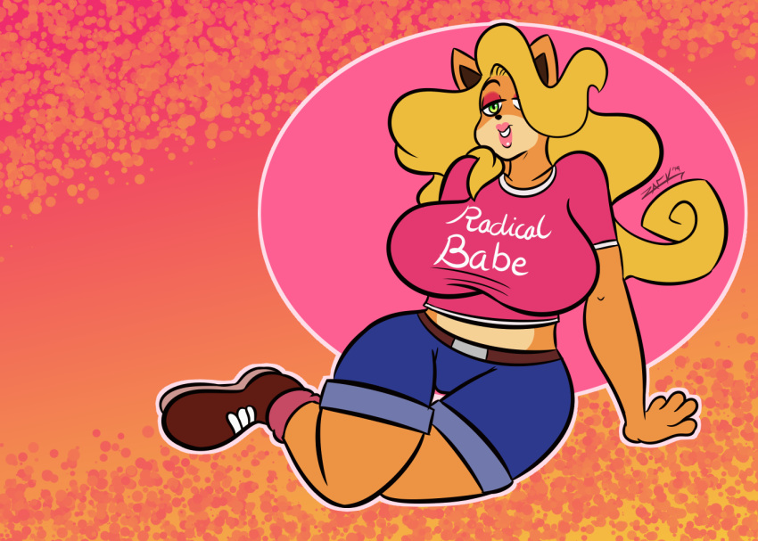 2019 anthro bandicoot big_breasts blonde_hair breasts clothed clothing crash_bandicoot_(series) digital_media_(artwork) female green_eyes hair huge_breasts long_hair makeup mammal marsupial naughty_dog simple_background smile solo sony_corporation sony_interactive_entertainment tawna_bandicoot video_games zackdadawg