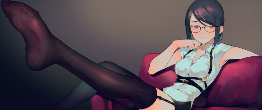 1girl black_hair blush breasts buckle chin_rest couch feet garter_straps glasses grey_background highres medium_breasts original red_eyes sleeveless smile solo thighhighs toe-point