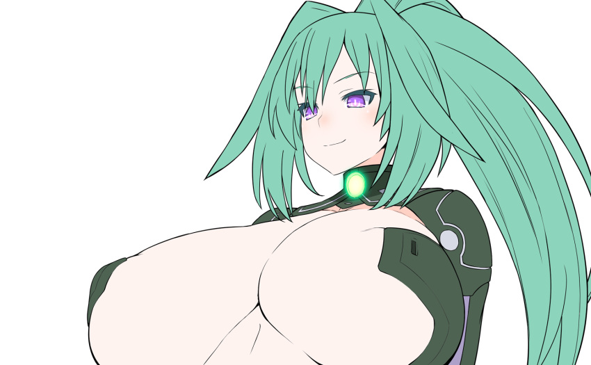 1girl blush bodysuit breasts cleavage green_hair green_heart huge_breasts kami_jigen_game_neptune_v leotard long_hair looking_at_viewer midriff neptune_(series) ponytail purple_eyes simple_background smile solo symbol-shaped_pupils tied_hair up_(mmmmmmmmss) upper_body very_long_hair white_background