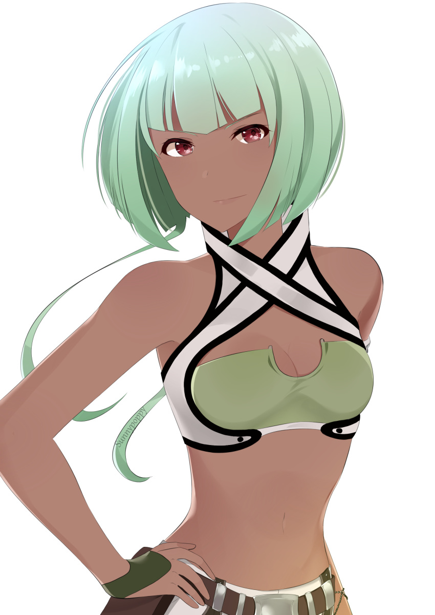 1girl absurdres artist_name bangs bob_cut breasts cleavage crop_top dark_skin emerald_sustrai green_hair highres lips looking_at_viewer medium_breasts midriff navel red_eyes rwby short_hair short_hair_with_long_locks simple_background smile solo sunnypoppy white_background