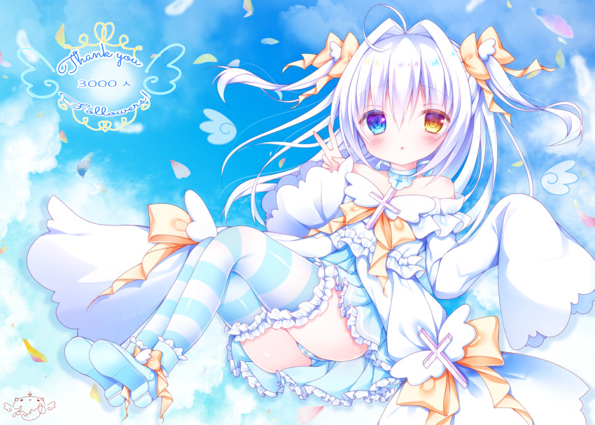 1girl ahoge bangs bare_shoulders blue_eyes blue_footwear blue_skirt blue_sky blush bow brown_bow brown_eyes cameltoe cloud commentary_request day dress eyebrows_visible_through_hair followers frilled_legwear frilled_skirt frills full_body fuxiyu hair_between_eyes hair_bow hair_intakes hand_up highres latin_cross long_hair long_sleeves looking_at_viewer off-shoulder_dress off_shoulder original outdoors panties parted_lips petals pleated_skirt revision shoe_soles shoes skirt sky sleeves_past_fingers sleeves_past_wrists solo striped striped_legwear striped_panties thank_you thighhighs two_side_up underwear v white_dress white_hair