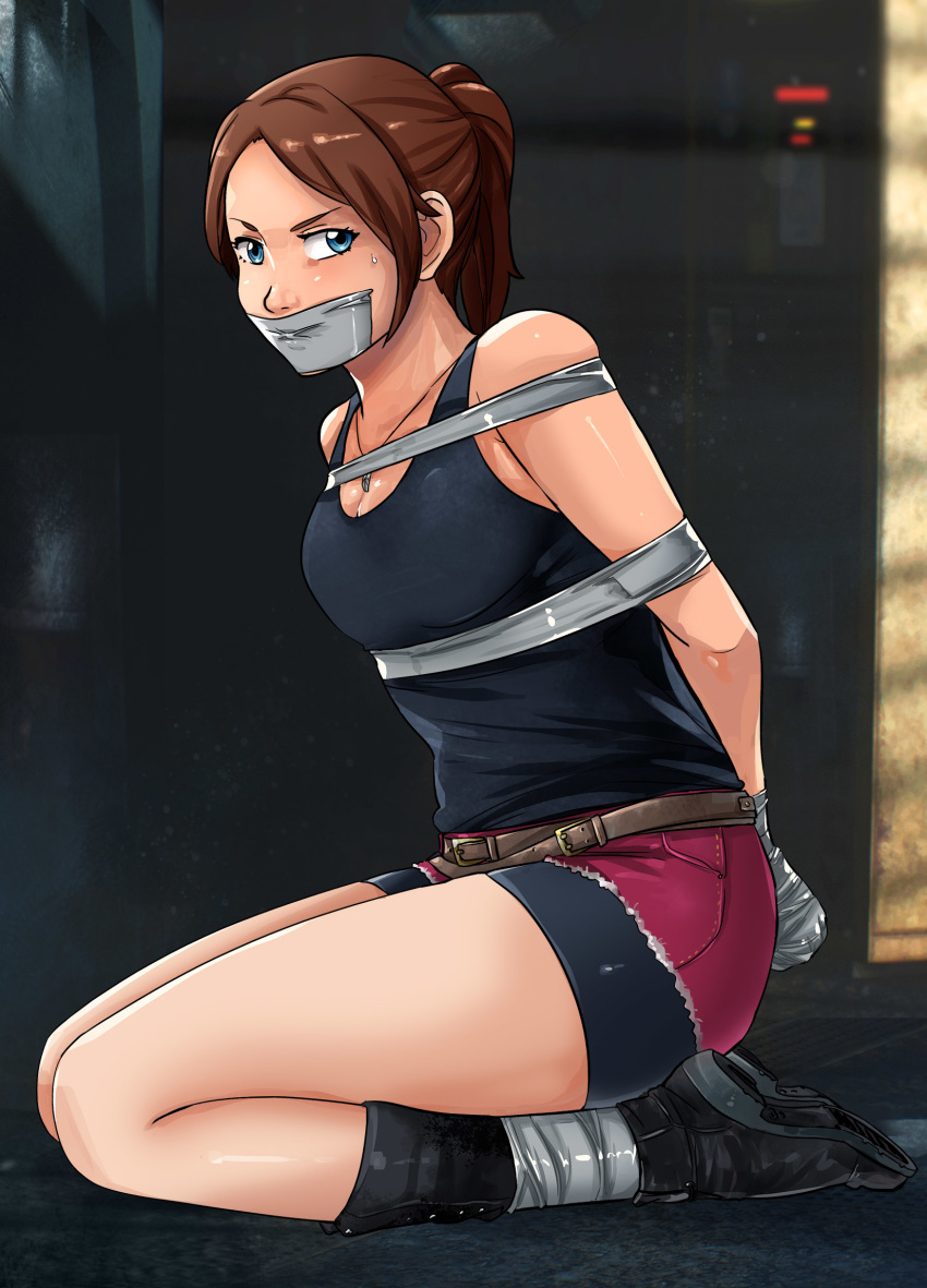 1girl bike_shorts black_footwear black_tank_top blue_eyes boots bound bound_ankles bound_torso bound_wrists brown_hair claire_redfield gag gagged highres improvised_gag jewelry lost_one_zero necklace resident_evil resident_evil_2 shirt shorts sleeveless sleeveless_shirt solo tank_top tape tape_gag