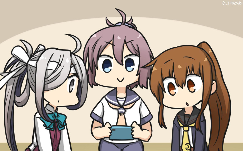 3girls ahoge aoba_(kantai_collection) asashimo_(kantai_collection) black_jacket black_sailor_collar blue_eyes blue_scrunchie brown_eyes brown_hair cellphone commentary_request cowboy_shot crescent crescent_moon_pin dated fumizuki_(kantai_collection) grey_eyes hair_ornament hair_over_one_eye hair_scrunchie halterneck hamu_koutarou highres jacket kantai_collection long_hair messy_hair multiple_girls neckerchief necktie phone ponytail purple_hair purple_sailor_collar purple_shorts remodel_(kantai_collection) sailor_collar school_uniform scrunchie serafuku shirt short_ponytail shorts silver_hair white_neckwear white_shirt yellow_neckwear