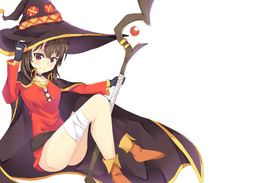 1girl absurdres bandage bandaged_leg bandages belt black_belt black_gloves blush brown_hair cape collar dress fingerless_gloves gloves hat highres holding holding_staff kono_subarashii_sekai_ni_shukufuku_wo! maliciouspie!!! megumin mismatched_legwear red_dress red_eyes simple_background single_thighhigh smile solo staff thighhighs white_background witch_hat