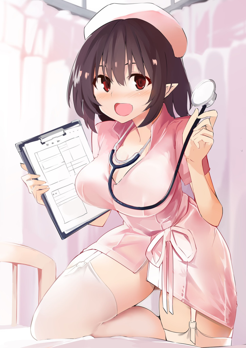 1girl alternate_costume bangs bed black_hair blush breasts clipboard commentary_request cowboy_shot curtains dress garter_straps hair_between_eyes hands_up hat highres holding holding_clipboard indoors kamukamu_(ars) large_breasts looking_at_viewer nurse nurse_cap open_mouth pink_dress pink_headwear pink_ribbon pointy_ears red_eyes ribbon shameimaru_aya short_hair smile solo stethoscope thighhighs thighs touhou white_legwear zettai_ryouiki