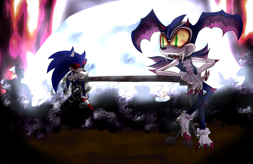 black_sclera blue_fur blue_skin claws demon eulipotyphlan fur hedgehog hi_res illbleed mammal red_eyes sitting sonic.exe sonic_(series) table ulyana0b wings yellow_sclera zodick_the_hellhog