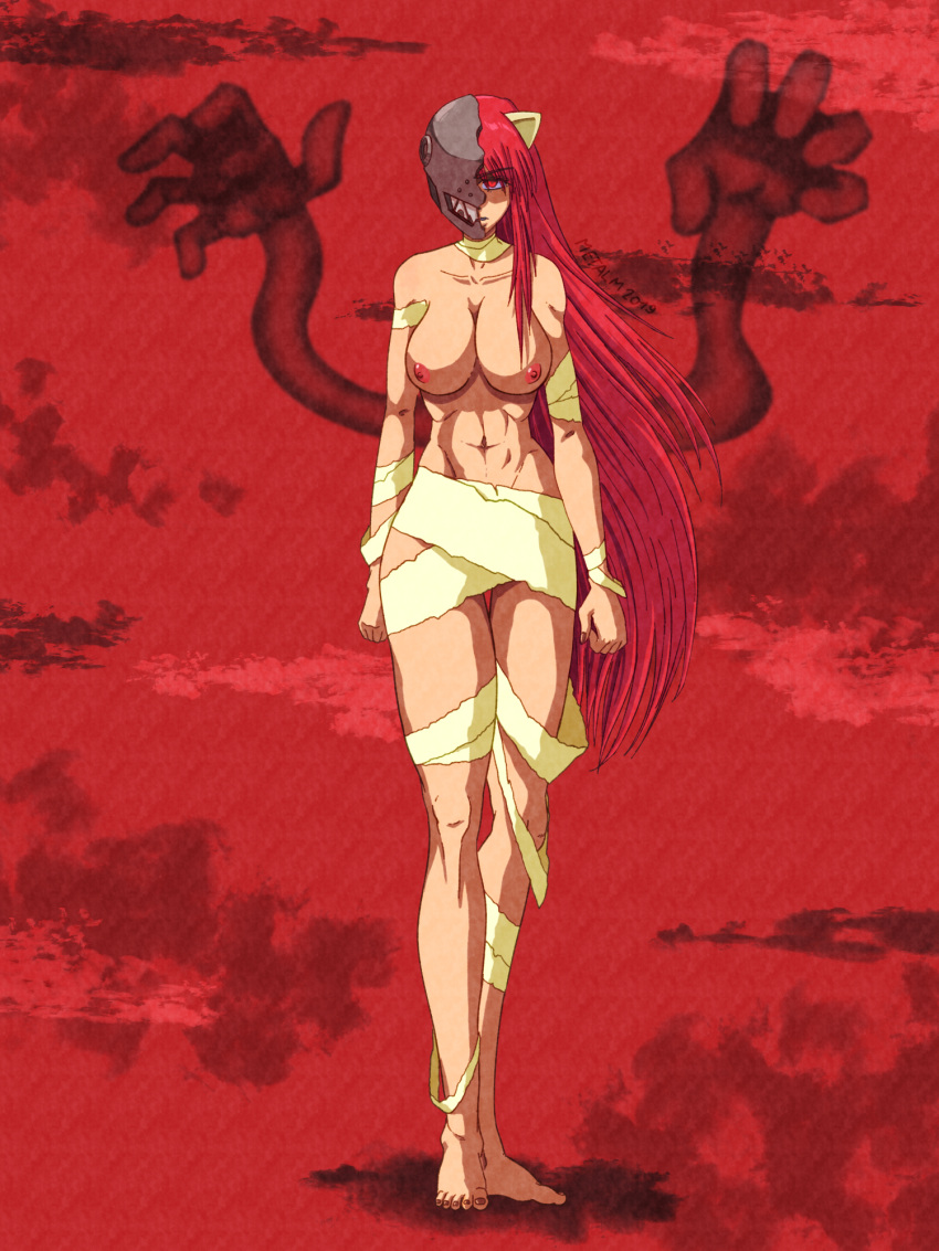 abs angry bandage breasts diclonius elfen_lied helmet highres horns large_breasts long_hair looking_at_viewer lucy lucy_(elfen_lied) monster_girl muscle muscular_female pink_hair red_eyes revealing_clothes sagging_breasts thick_thighs thighs topless vectors