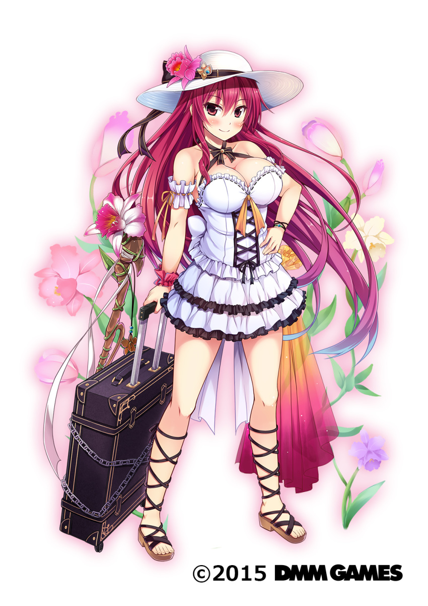 1girl ankle_lace-up arm_garter arm_scrunchie bangs bare_shoulders blush bodice breasts cattleya_(flower_knight_girl) cleavage copyright_name cross-laced_clothes cross-laced_footwear flower flower_knight_girl frilled_skirt frills full_body hair_between_eyes halterneck hand_on_hip hat hat_flower highres large_breasts layered_skirt long_hair looking_at_viewer no_socks object_namesake official_art orchid red_eyes red_hair red_scrunchie rolling_suitcase sandals scrunchie sidelocks skirt sleeveless smile solo standing strappy_heels suitcase sun_hat toes utsurogi_akira watermark white_background white_headwear white_scrunchie white_skirt wrist_scrunchie